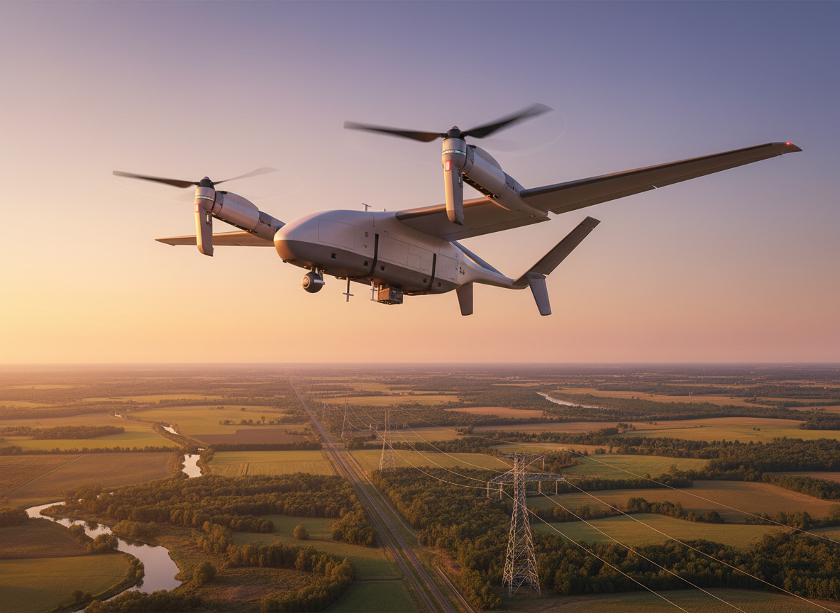 Enterprise tiltrotor VTOL drone flying above a rural utility corridor