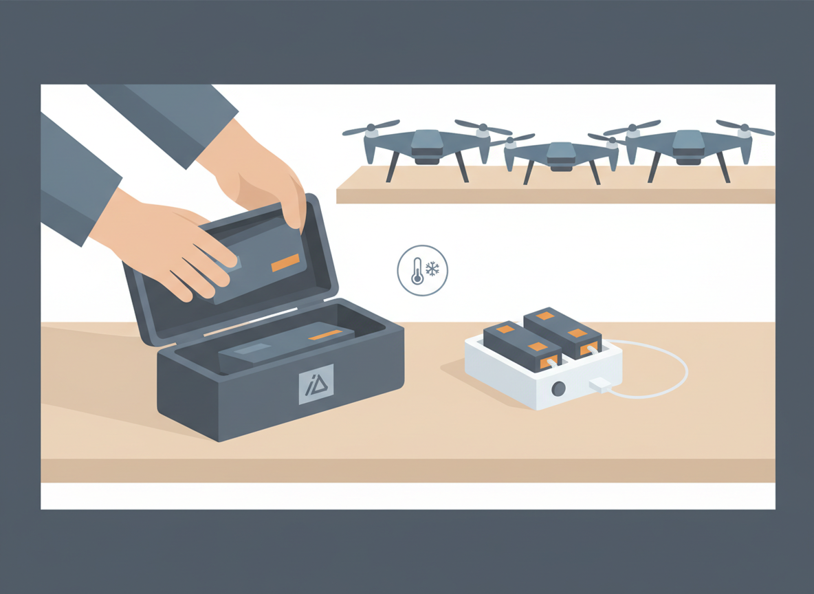 Hands placing a generic drone battery pack into a labeled foam storage case on a tidy workshop desk, with a charger and spare batteries nearby