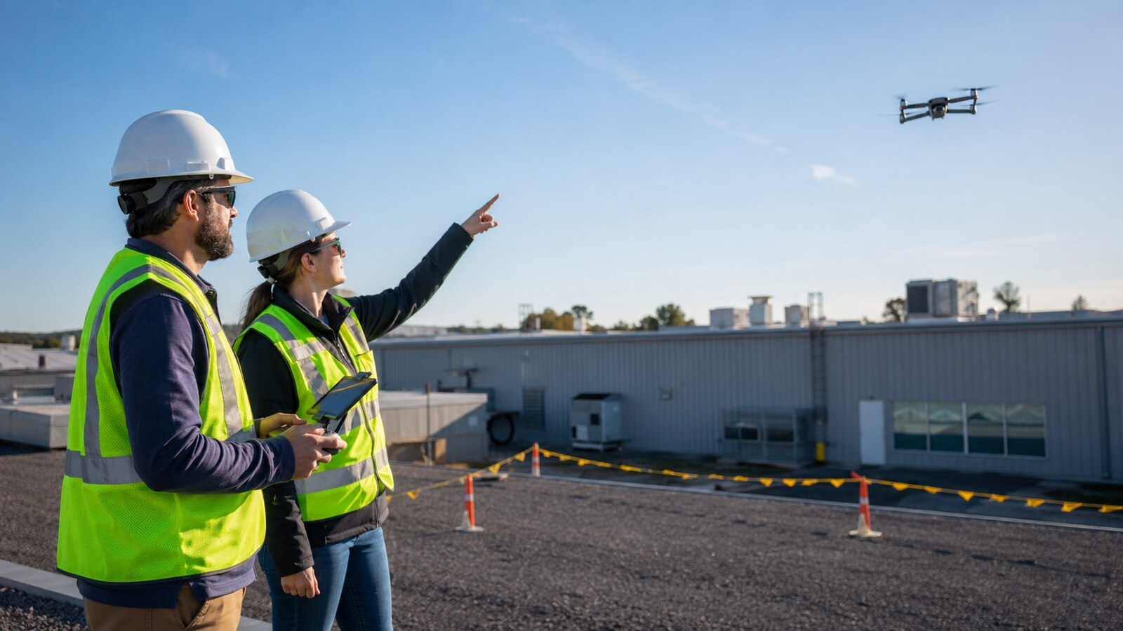 Remote pilot in command and visual observer coordinating during a commercial roof-inspection flight