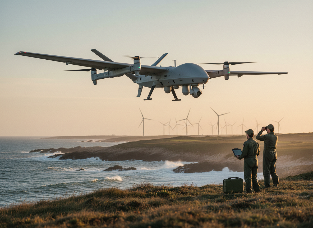 A large tilt-rotor VTOL drone with an underslung camera gimbal flying along a rocky coastline at golden hour while a ground crew watches from a bluff.