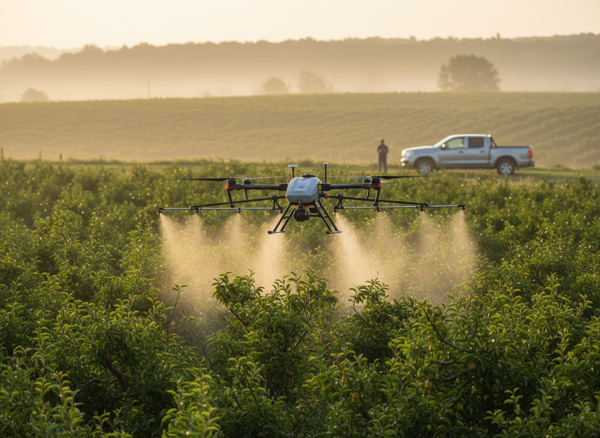 A twin-rotor agricultural spray drone misting orchard trees at sunrise while a pilot watches from the field edge