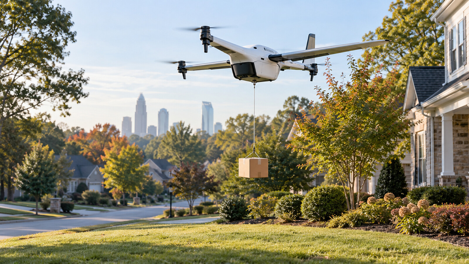 Concept illustration of a delivery drone lowering a parcel in a Charlotte-area suburban neighborhood