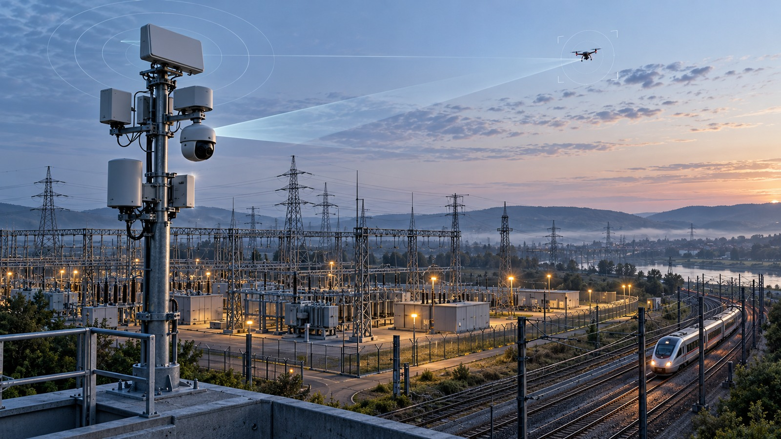 Conceptual counter-drone sensors monitoring a quadcopter near an electrical substation and railway