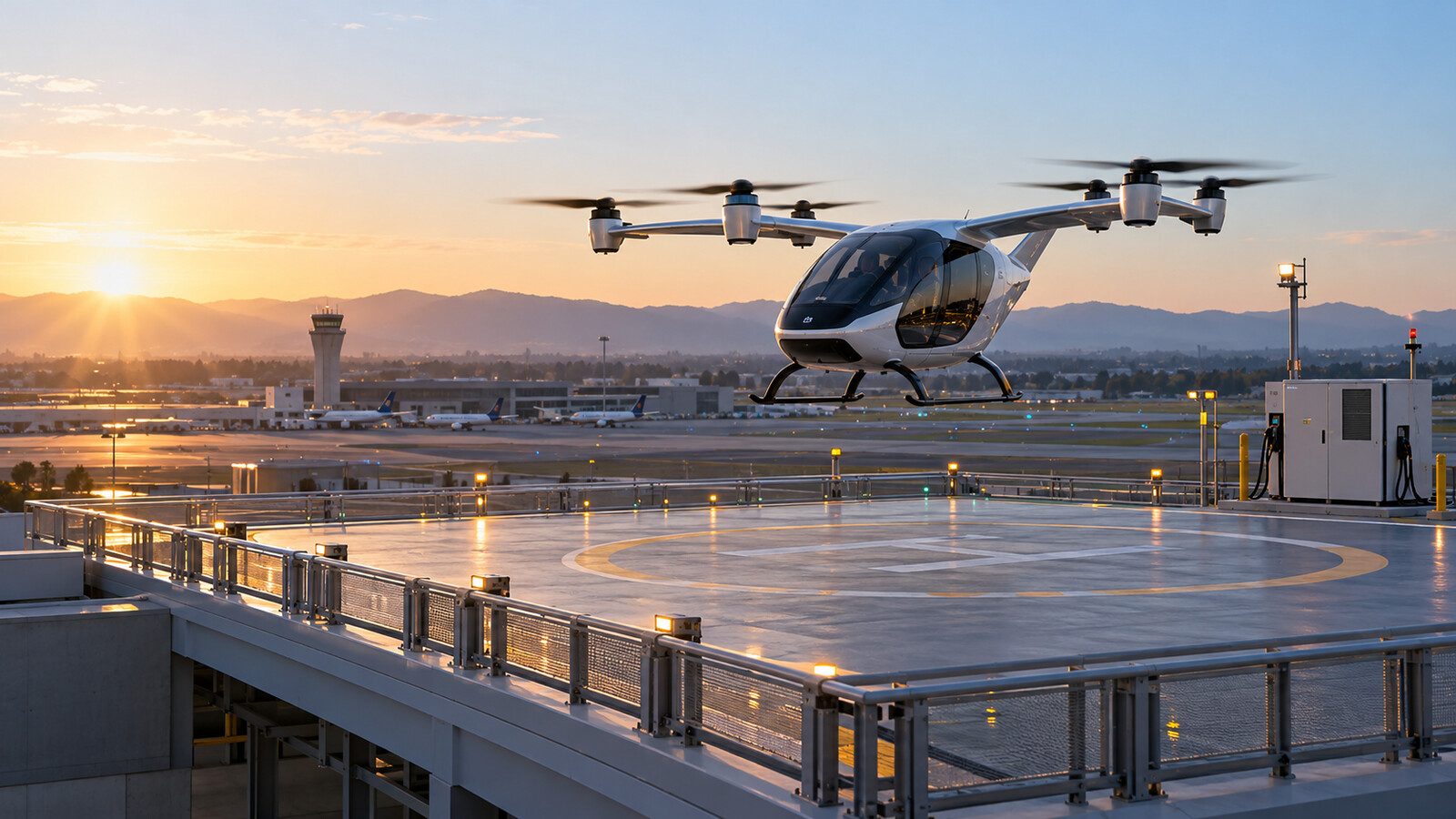 Concept illustration of an electric vertical-lift aircraft above an elevated landing pad at a regional airport