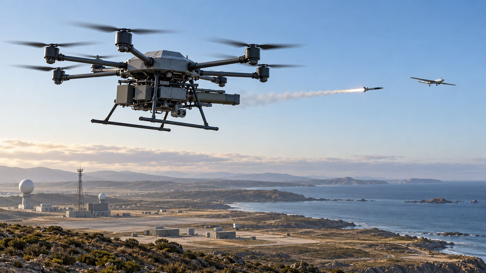 Conceptual illustration of a heavy multirotor drone firing a guided rocket toward a target drone over a controlled test range